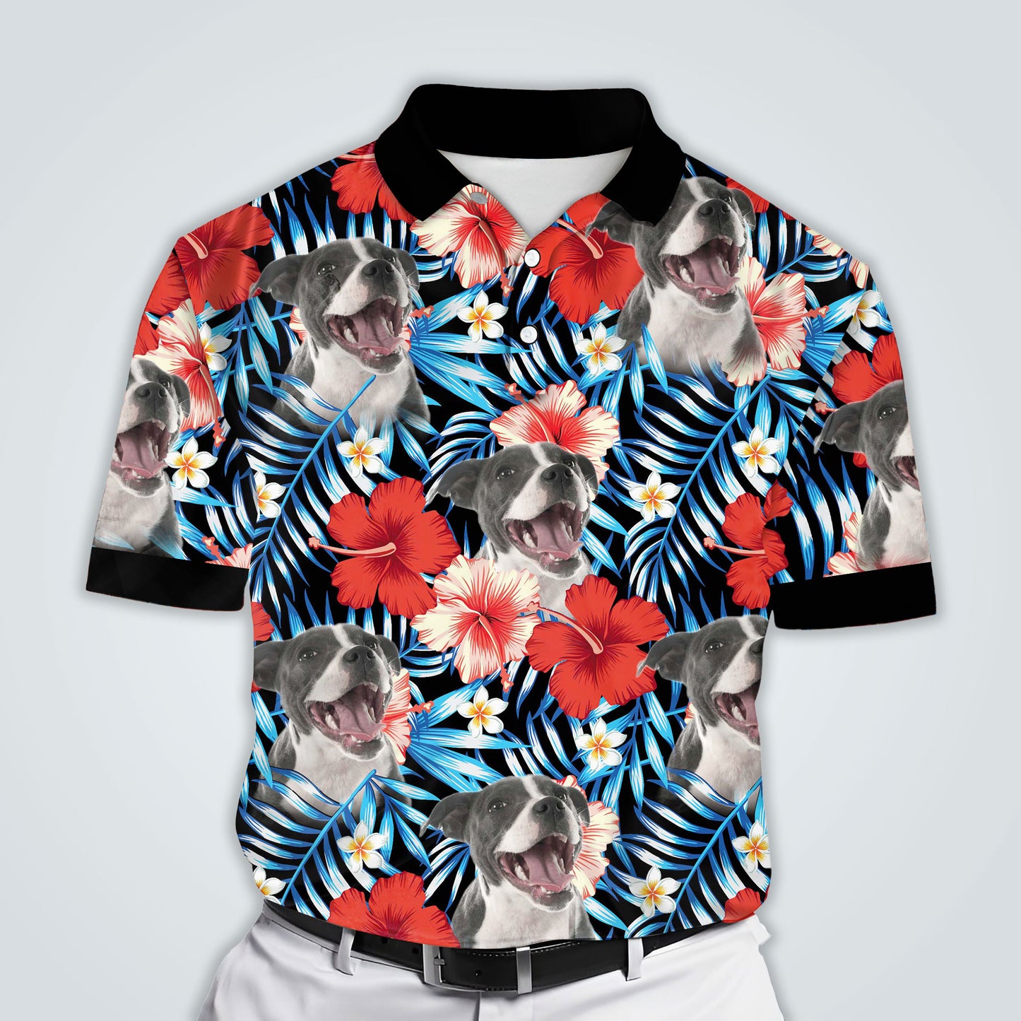 Polo personnalisé avec visage de chien | Cadeau personnalisé pour papa chien | Polo homme à motif de feuilles et de fleurs bleu et rouge