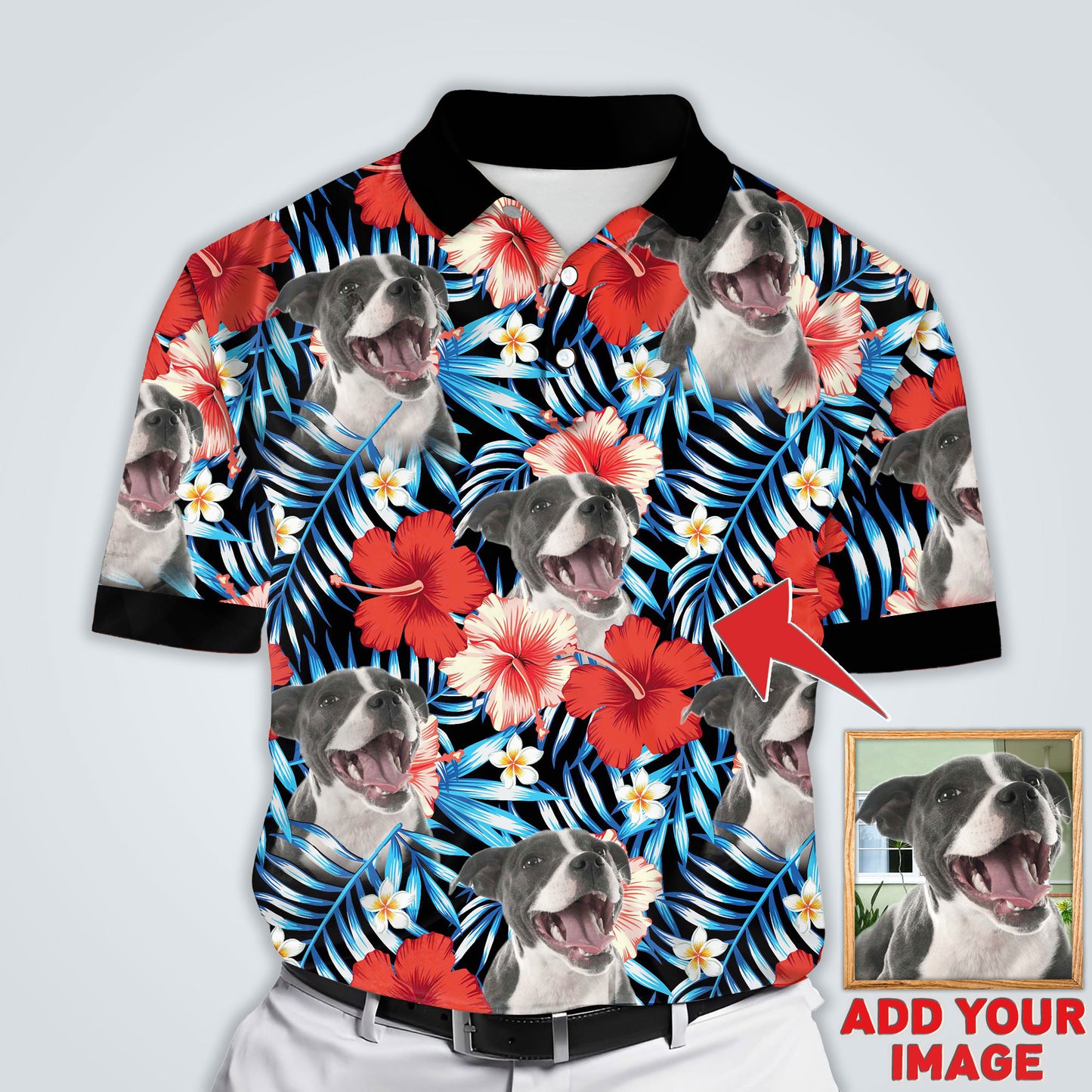 Polo personnalisé avec visage de chien | Cadeau personnalisé pour papa chien | Polo homme à motif de feuilles et de fleurs bleu et rouge