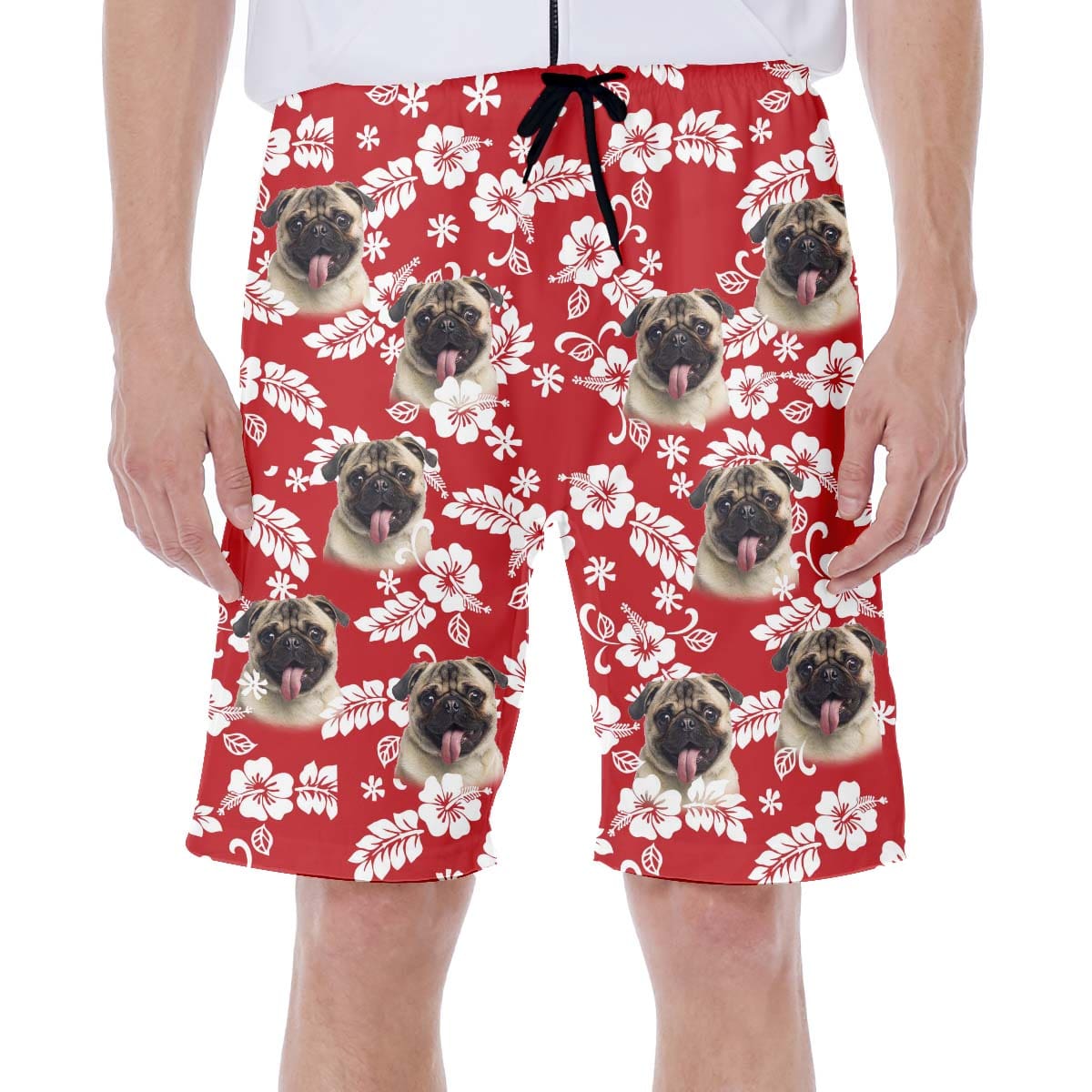 Custom Hawaiian Short With Dog Face | Personalized Gift For Puppy Lovers | Leaves & Flowers Pattern Red Color Aloha Short
