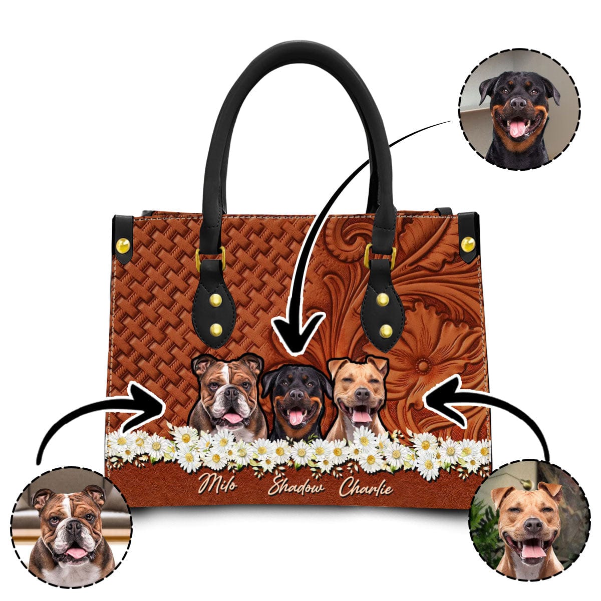Sac à main en cuir personnalisé avec photo pour animaux de compagnie | Cadeau pour maman d’animal de compagnie | Daisy & Wood Couleur Marron Noisette