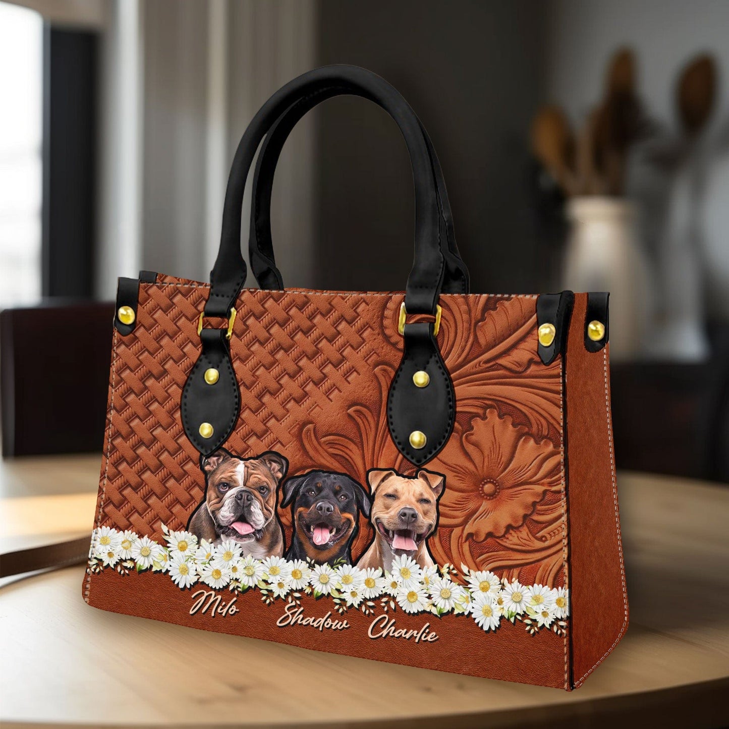 Sac à main en cuir personnalisé avec photo pour animaux de compagnie | Cadeau pour maman d’animal de compagnie | Daisy & Wood Couleur Marron Noisette