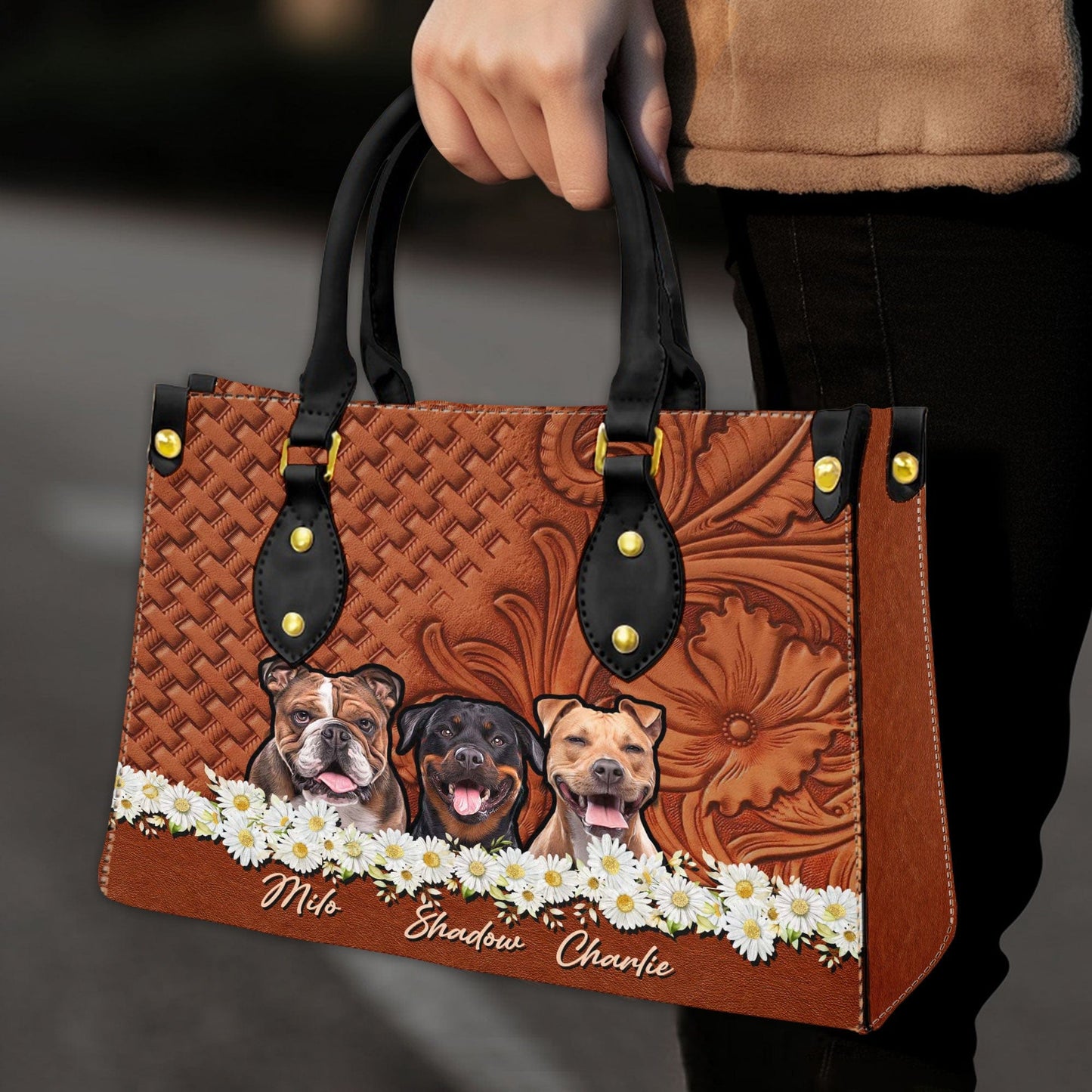 Sac à main en cuir personnalisé avec photo pour animaux de compagnie | Cadeau pour maman d’animal de compagnie | Daisy & Wood Couleur Marron Noisette