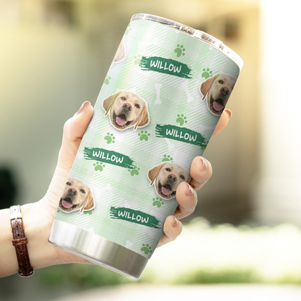 Custom Multi Pets Bone And Paw Pattern 20oz Personalized Tumbler (Green Color)