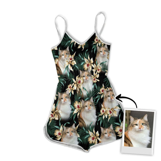 Custom V-neck Cami Romper With Pet Photo | Personalized Gift For Dog Mom | Dark Green Leaves & Flowers Pattern