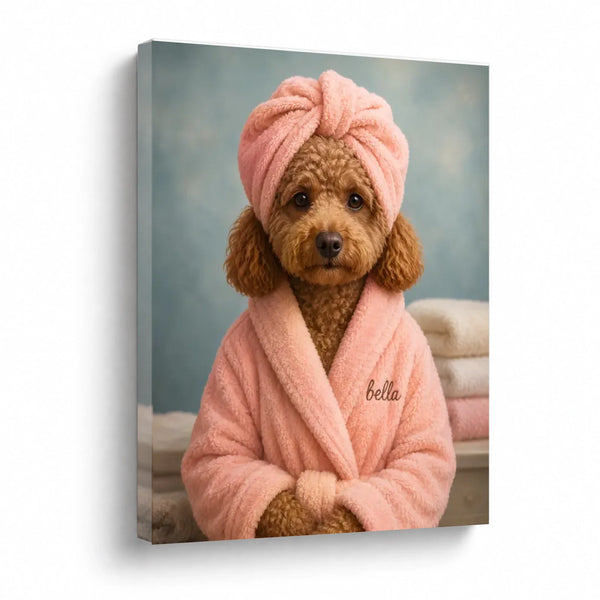 Custom Pet Bathroom Portrait – Personalized Dog & Cat Wall Art - Pink Robe Edition
