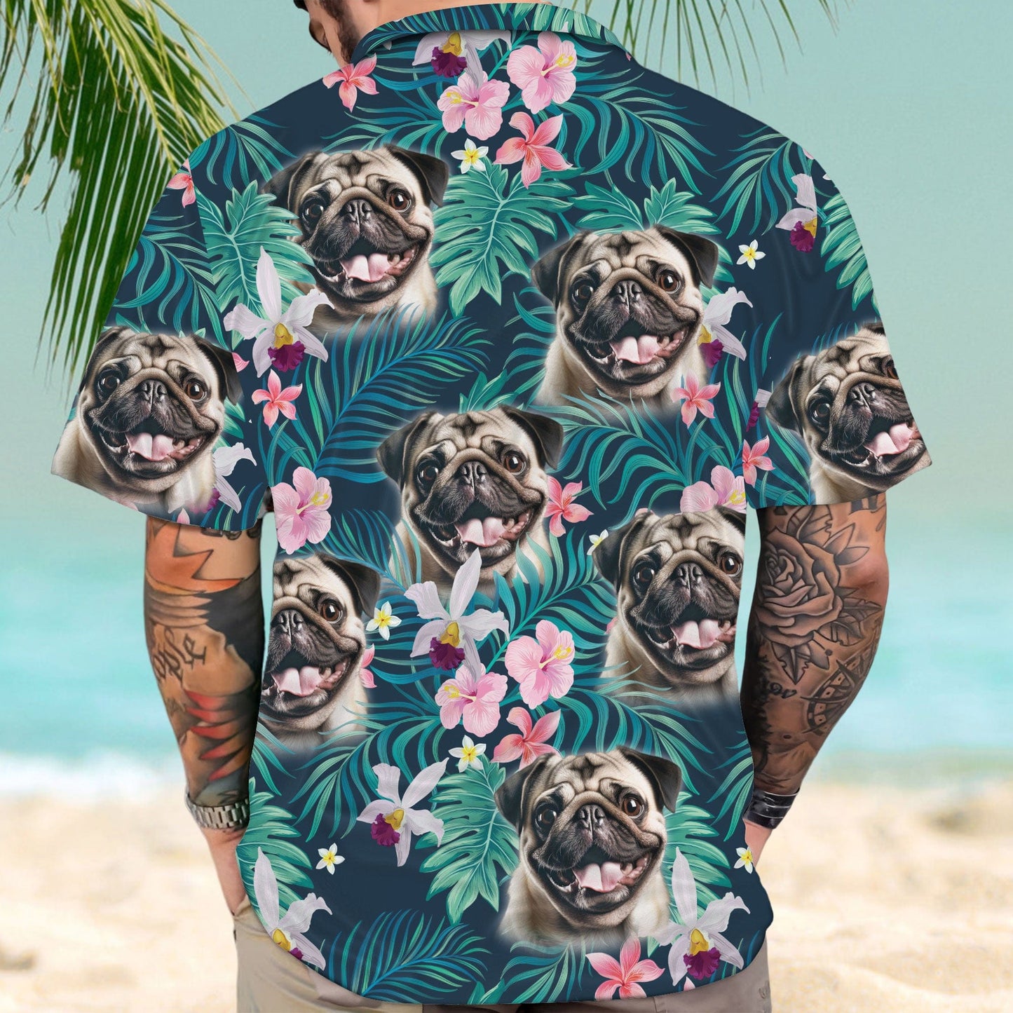 Custom Hawaiian Shirt With Pet Face | Personalized Gift For Pet Lovers | Tropical Seamless Palm Leaves and Flower Pink & Green Color Aloha Shirt