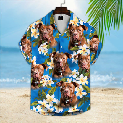 Custom Hawaiian Shirt With Pet Face | Personalized Gift For Pet Lovers | White Plumeria Bouquet on Turquoise Sea Blue Color Aloha Shirt