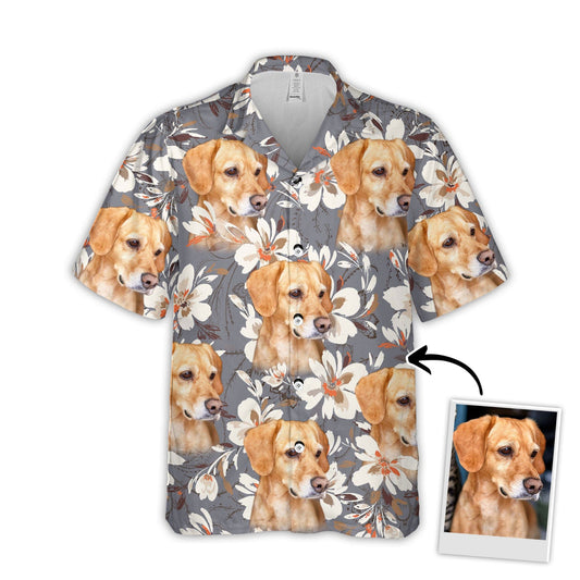 Chemise hawaïenne personnalisée avec visage d’animal de compagnie | Cadeau personnalisé pour les amoureux des animaux de compagnie | Chemise Aloha couleur gris fleur aquarelle