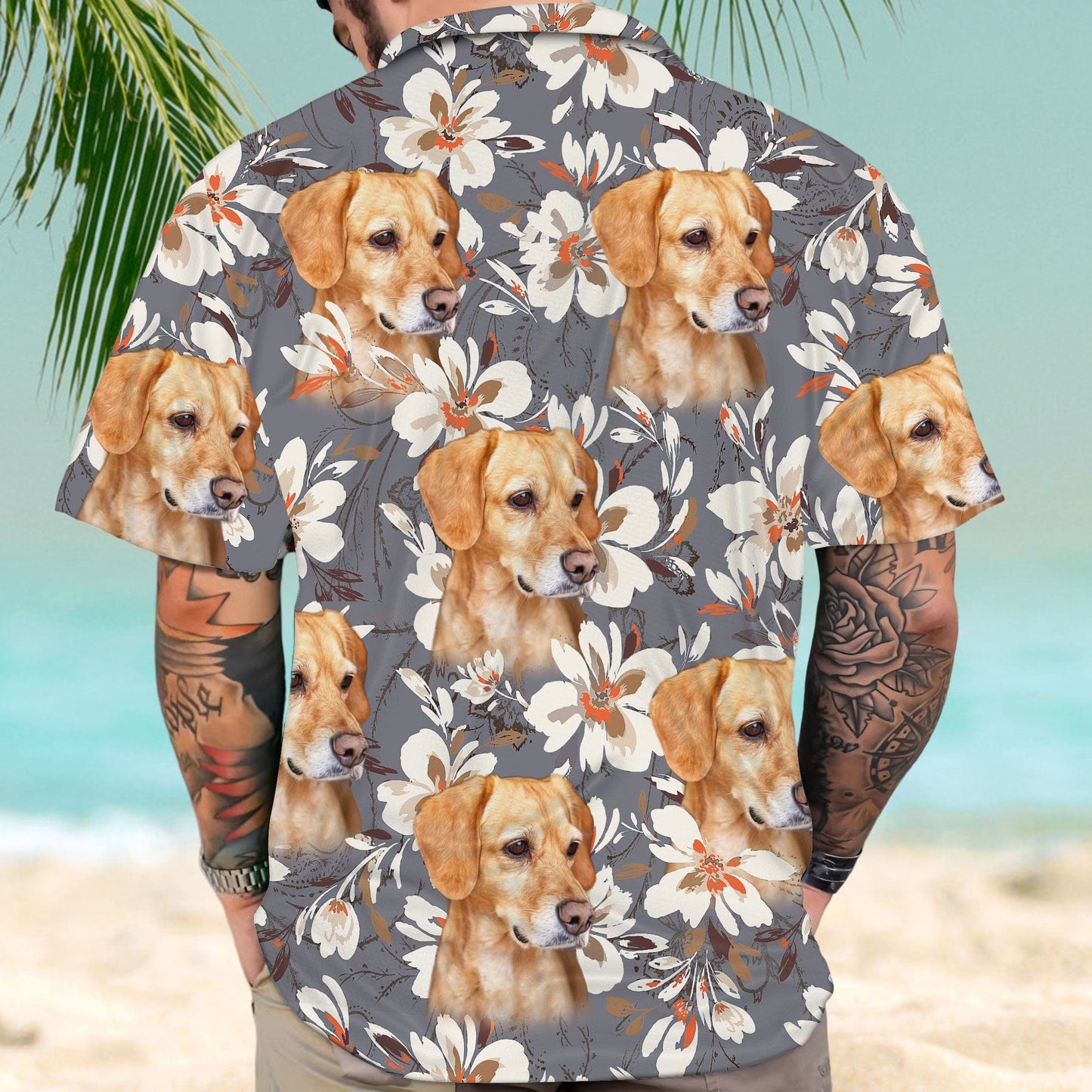 Chemise hawaïenne personnalisée avec visage d’animal de compagnie | Cadeau personnalisé pour les amoureux des animaux de compagnie | Chemise Aloha couleur gris fleur aquarelle