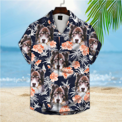 Custom Hawaiian Shirt With Pet Face | Personalized Gift For Pet Lovers | Orange Flower, Coconut, Palm Trees And Sailboat Dark Navy Color Aloha Shirt