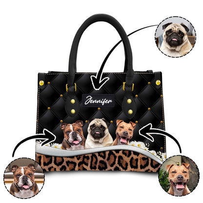 Custom Leather HandBag With Pet Photo | Gift For Pet Mom | Abstract Upholstery Daisy & Leopard Style Charcoal Black Color