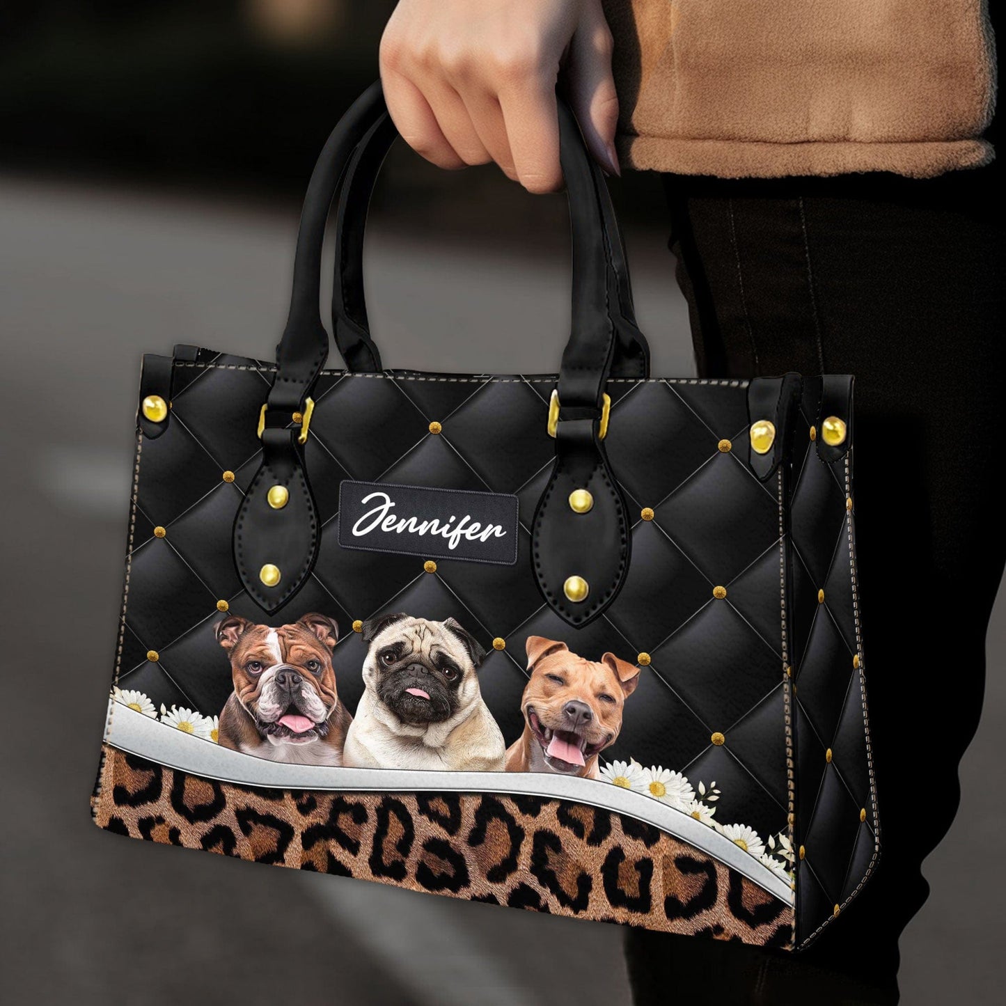 Custom Leather HandBag With Pet Photo | Gift For Pet Mom | Abstract Upholstery Daisy & Leopard Style Charcoal Black Color