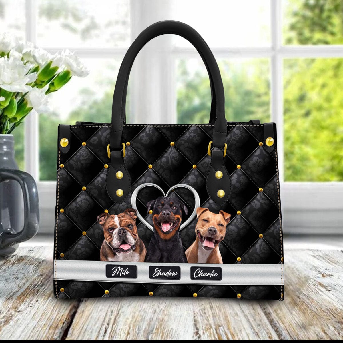 Custom Leather HandBag With Pet Photo | Gift For Pet Mom | Vintage Upholstery & Metal Heart Syle Matte Black Color
