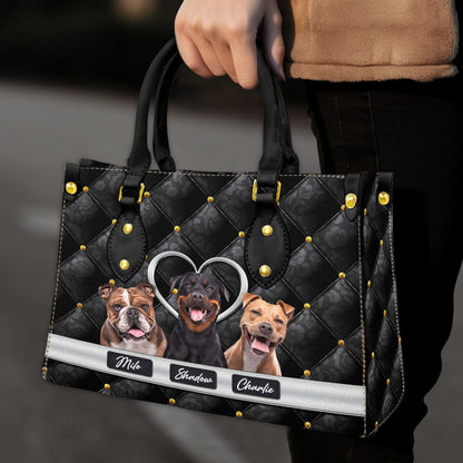 Custom Leather HandBag With Pet Photo | Gift For Pet Mom | Vintage Upholstery & Metal Heart Syle Matte Black Color