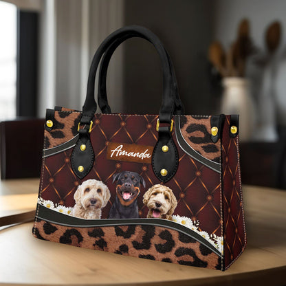 Custom Leather HandBag With Pet Photo | Gift For Pet Mom | Brown Upholstery Daisy & Leopard Style Mahogany Color