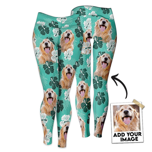 Legging personnalisé avec photo d’animal de compagnie | Fleurs d'Hibiscus Motif Duo Tons d'Été Couleur Menthe