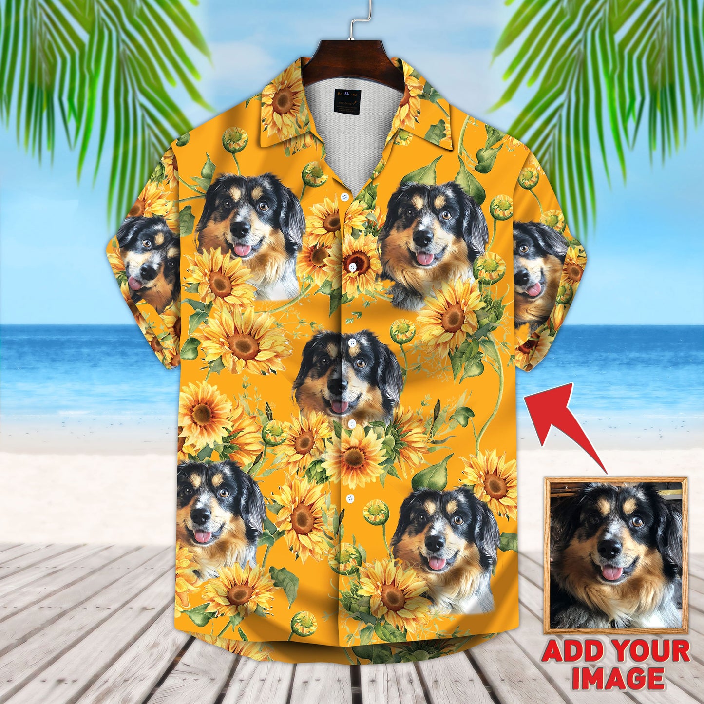 Chemise hawaïenne personnalisée avec visage d’animal de compagnie | Cadeau personnalisé pour les amoureux des animaux de compagnie | Chemise Aloha à motif tournesol et jaune