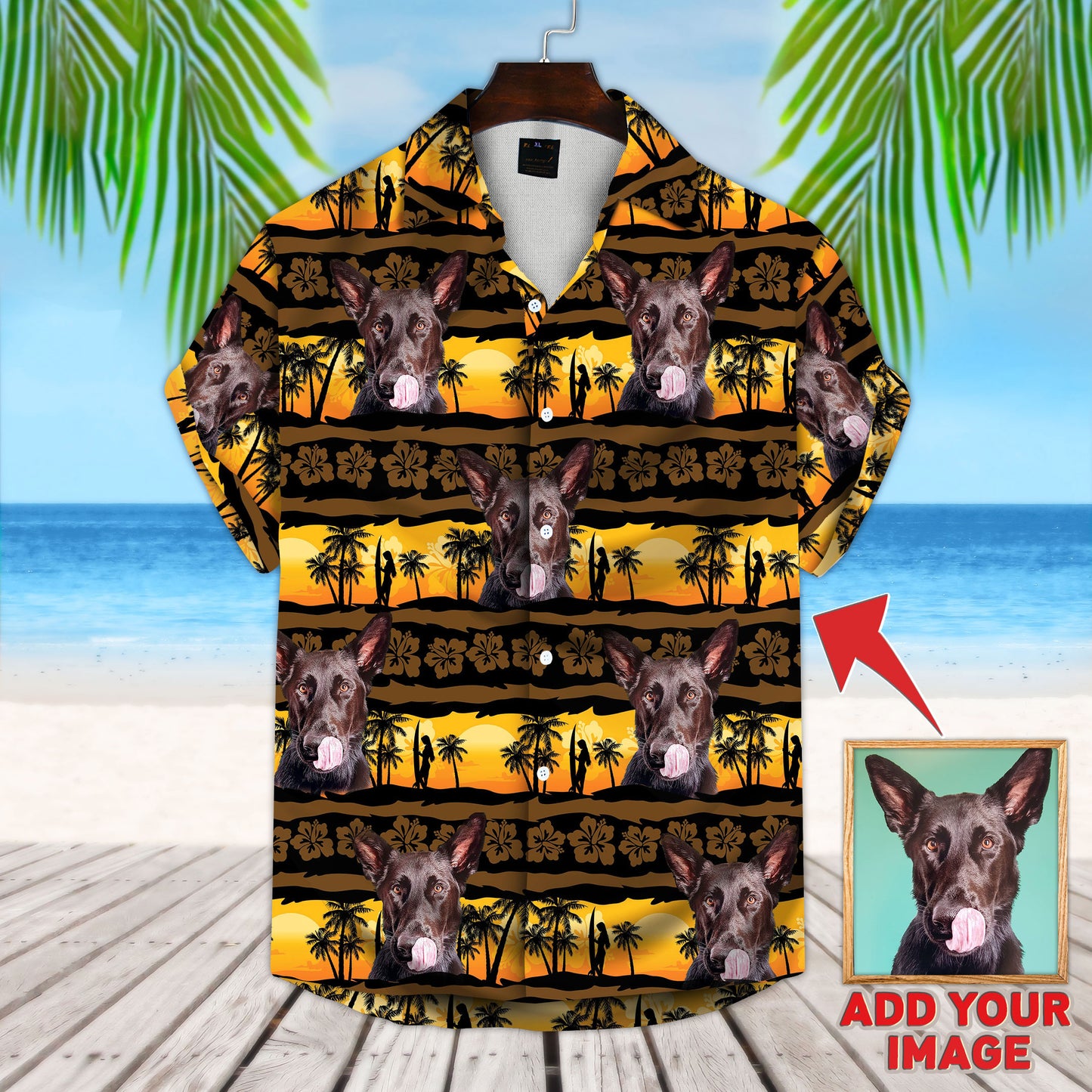 Custom Hawaiian Shirt With Pet Face | Personalized Gift For Pet Lovers | Sunset & Palm Tree Pattern Aloha Shirt