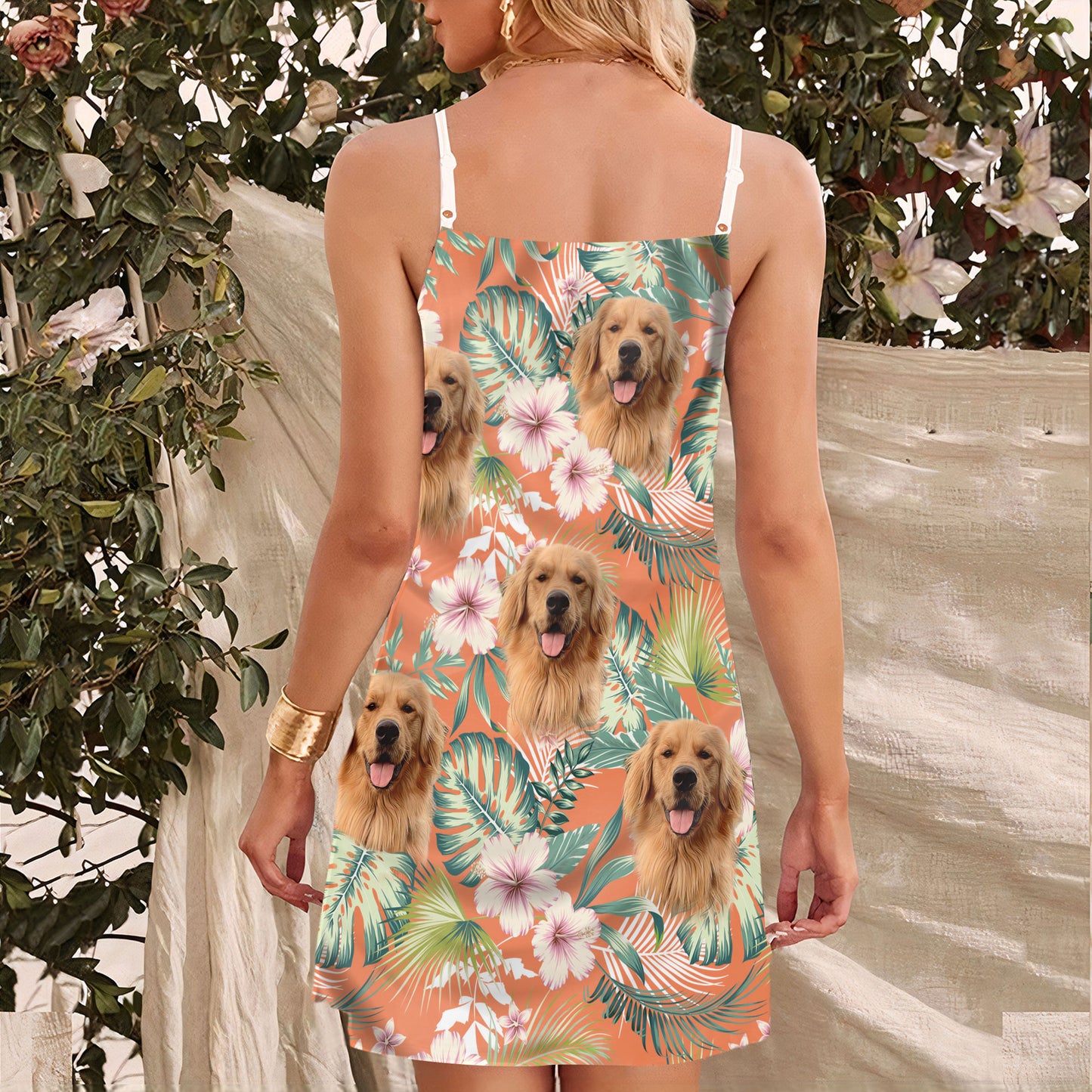 Custom Leaves & Flower Pattern Cami Dress Personalized Gift For Dog Mom (Carrot Color)
