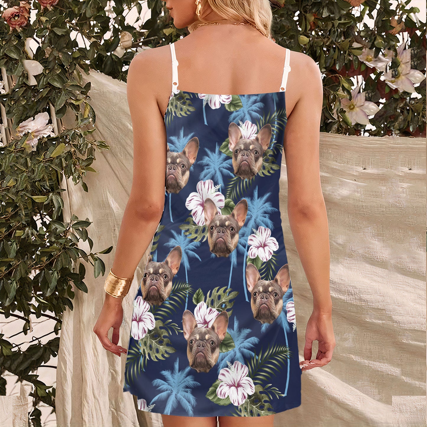 Custom Blue Palm Tree Pattern Cami Dress Personalized Gift For Dog Mom