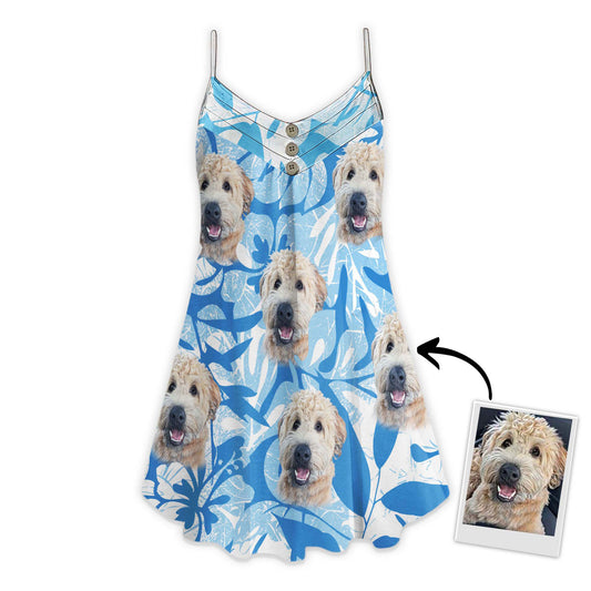 Custom Leaves & Flowers Pattern Cami Dress Personalized Gift For Dog Mom (Blue Color)