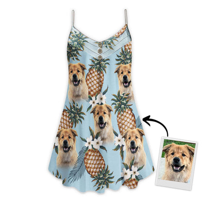 Custom Pineapple Pattern Cami Dress Personalized Gift For Dog Mom (Light Blue Color)