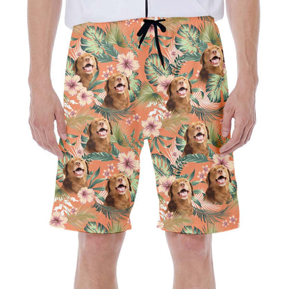 Short hawaïen personnalisé avec visage de chien | Cadeau personnalisé pour les amateurs de chiots | Short Aloha Motif Feuilles et Fleurs Couleur Carotte