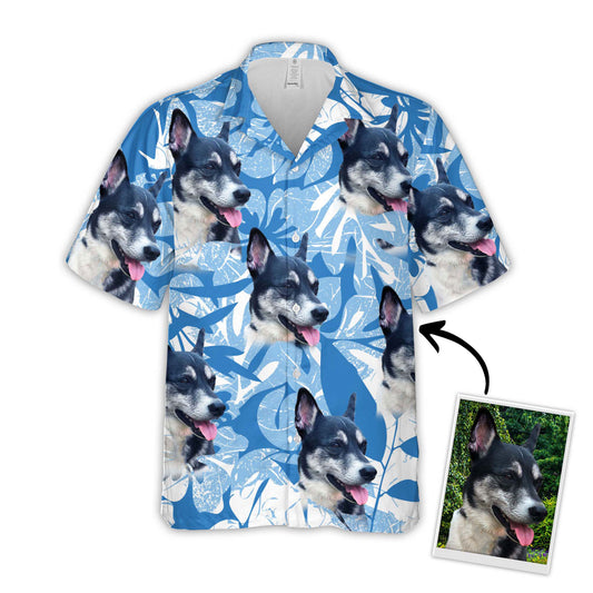 Custom Hawaiian Shirt For Dog Lovers | Personalized Puppy Lovers Gift | Leaves & Flowers Pattern Blue Color Aloha Shirt