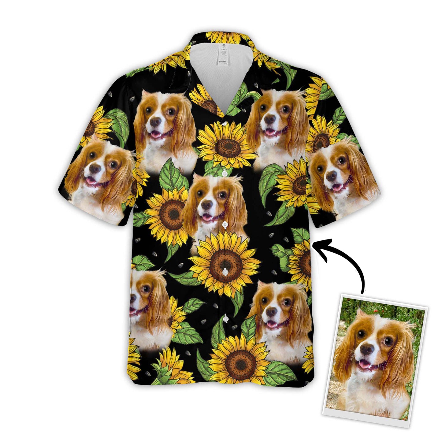 Chemise hawaïenne personnalisée avec visage d’animal de compagnie | Cadeau personnalisé pour les amoureux des animaux de compagnie | Chemise Aloha à motif de tournesol et de feuilles