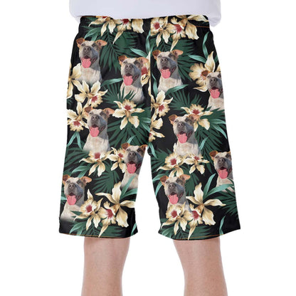 Custom Hawaiian Short With Dog Face | Personalized Gift For Puppy Lovers | Leaves & Flowers Pattern Dark Green Color Aloha Short