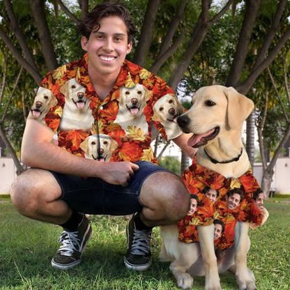 Custom Hawaiian Shirt With Pet Face | Personalized Gift For Pet Lovers | Leaves Pattern Red Color Aloha Shirt