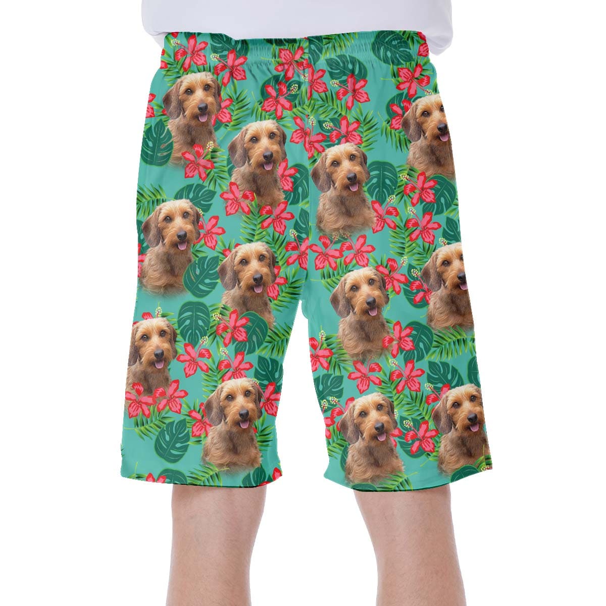 Custom Hawaiian Short With Dog Face | Personalized Gift For Puppy Lovers | Leaves & Flowers Pattern Mint Color Aloha Short