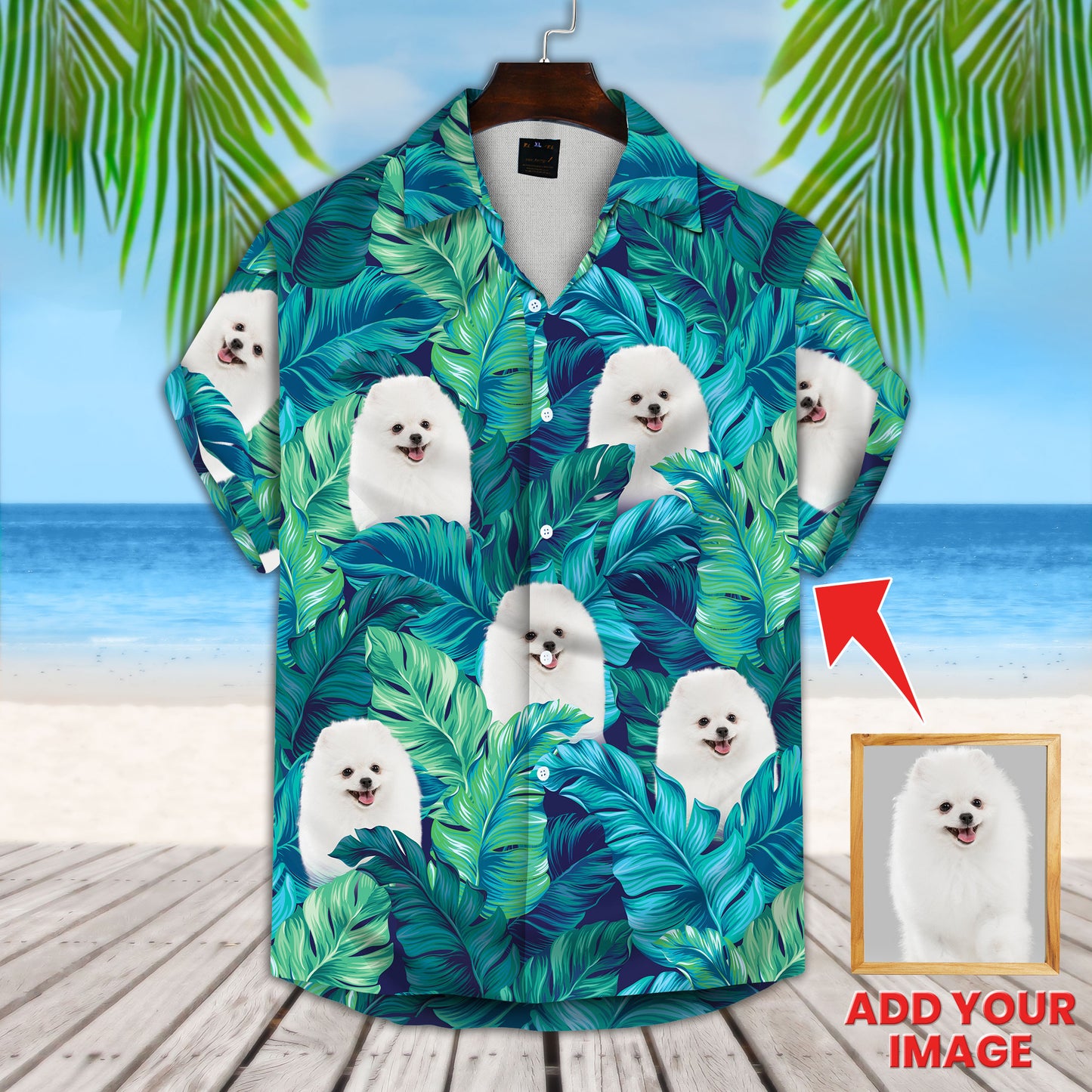 Custom Hawaiian Shirt With Pet Face | Personalized Gift For Pet Lovers | Turquoise And Blue Tropical Leaves Pattern Aloha Shirt
