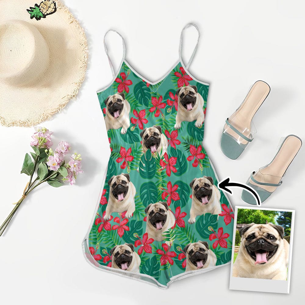 Custom V-neck Cami Romper With Pet Photo | Personalized Gift For Dog Mom | Mint Leaves & Flowers Pattern