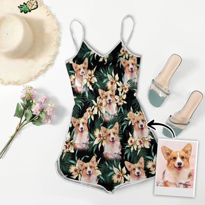 Custom V-neck Cami Romper With Pet Photo | Personalized Gift For Dog Mom | Dark Green Leaves & Flowers Pattern