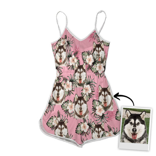 Custom V-neck Cami Romper With Pet Photo | Personalized Gift For Dog Mom | Pink Leaves & Flowers Pattern
