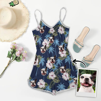 Custom V-neck Cami Romper With Pet Photo | Personalized Gift For Dog Mom | Blue Palm Leaves & Flowers Pattern