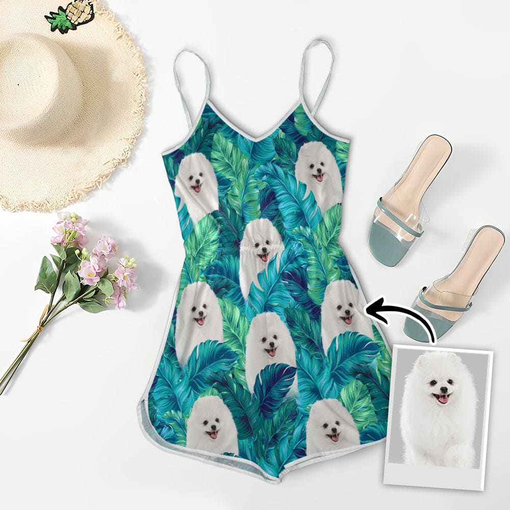 Custom V-neck Cami Romper With Pet Photo | Personalized Gift For Dog Mom | Turquoise & Leaves Pattern