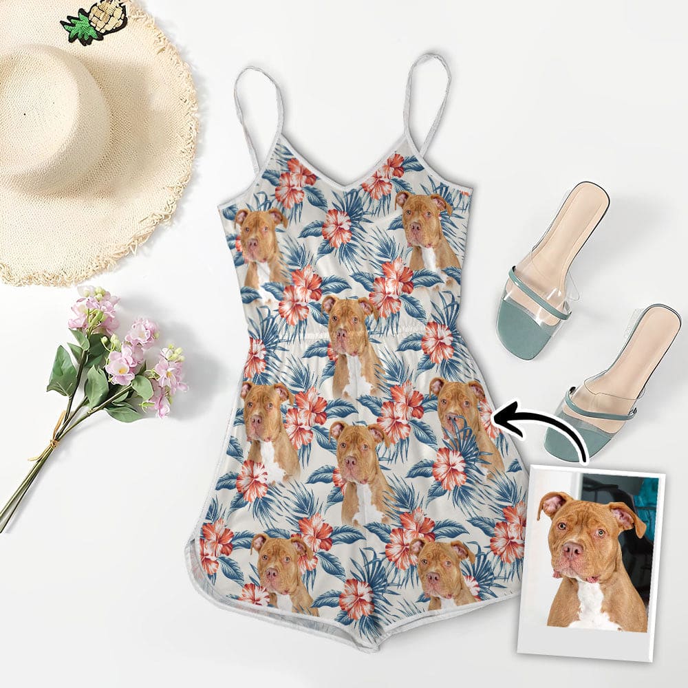 Custom V-neck Cami Romper With Pet Photo | Personalized Gift For Dog Mom | White & Leaves Pattern