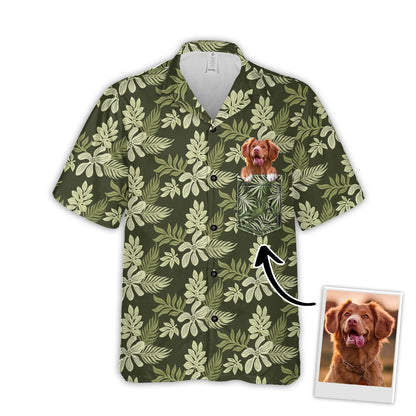 Custom Hawaiian Shirt With Pet Face | Personalized Gift For Pet Lovers | Summer Flower Pattern Military Green Color Aloha Shirt With Pocket