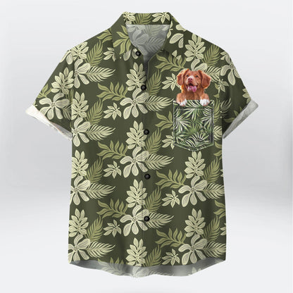 Chemise hawaïenne personnalisée avec visage d’animal de compagnie | Cadeau personnalisé pour les amoureux des animaux de compagnie | Chemise Aloha de couleur verte militaire à motif de fleurs d'été avec poche