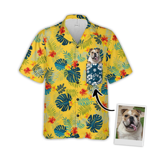 Custom Hawaiian Shirt With Pet Face | Personalized Gift For Pet Lovers | Tropical Summer Botanical Pattern Yellow Color Aloha Shirt With Pocket