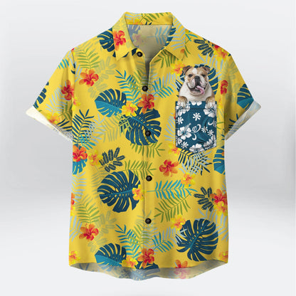 Custom Hawaiian Shirt With Pet Face | Personalized Gift For Pet Lovers | Tropical Summer Botanical Pattern Yellow Color Aloha Shirt With Pocket