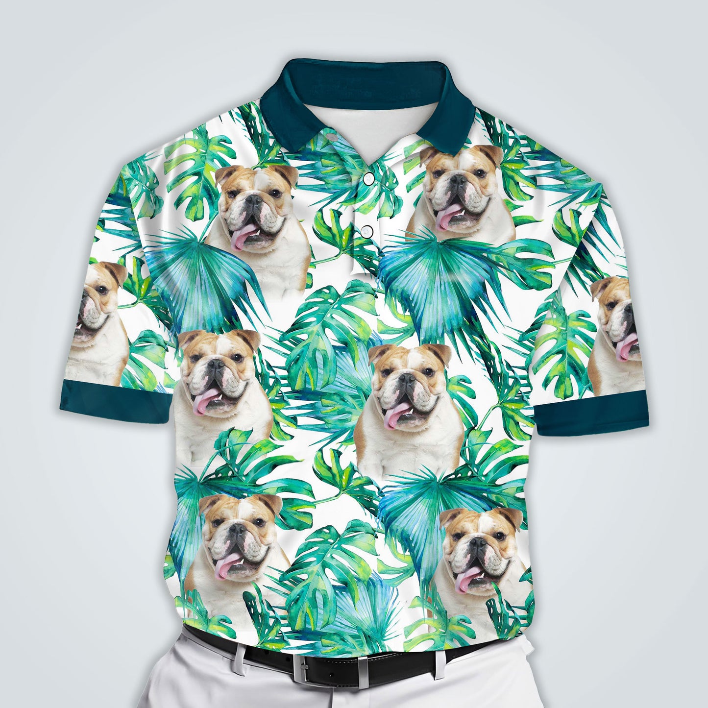 Polo personnalisé avec visage de chien | Cadeau personnalisé pour papa chien | Polo homme à motif de feuilles vertes