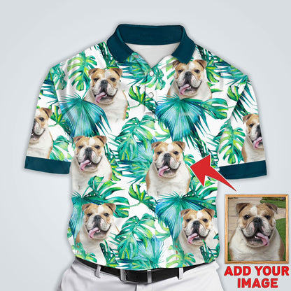 Polo personnalisé avec visage de chien | Cadeau personnalisé pour papa chien | Polo homme à motif de feuilles vertes