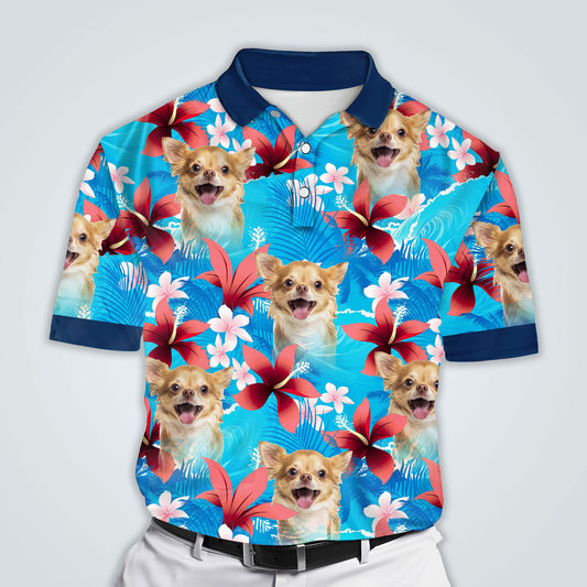 Custom Polo Shirt With Dog Face | Personalized Gift For Dog Dad | Blue Leaves & Flowers Pattern Men Polo Shirt