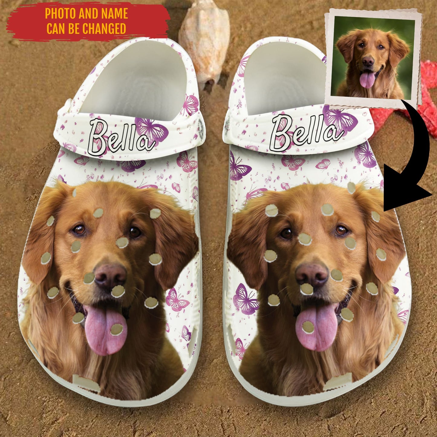 Custom Clogs With Pet Face | Personalized Gift For Pet Lovers | Purple Butterflies Photo