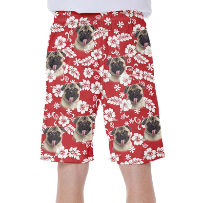 Custom Hawaiian Short With Dog Face | Personalized Gift For Puppy Lovers | Leaves & Flowers Pattern Red Color Aloha Short