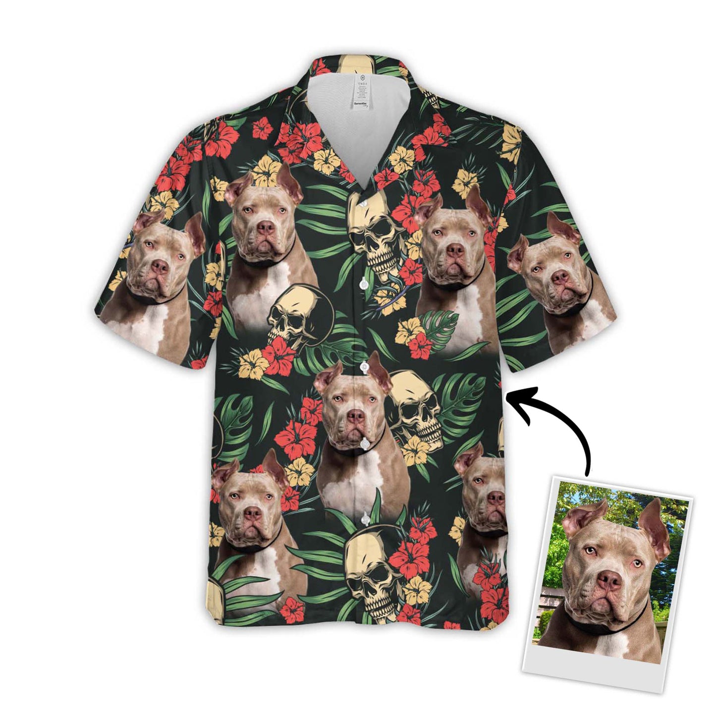 Custom Hawaiian Shirt With Pet Face | Personalized Gift For Pet Lovers | Tropical Colorful Seamless With Skulls, Flowers & Leaves Pattern Aloha Shirt